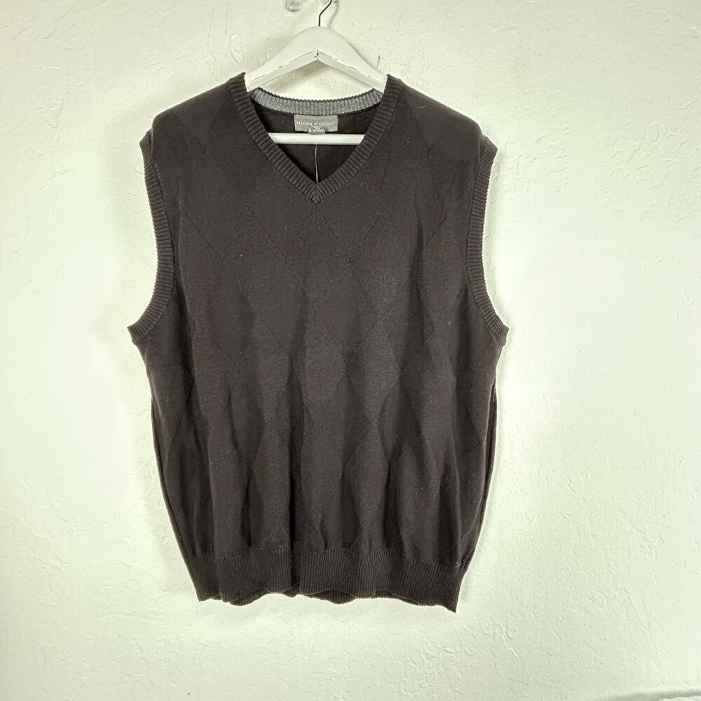 Tricots St Raphael Mens V-Neck Argyle Sweater Vest XL Black Cotton Pullover New